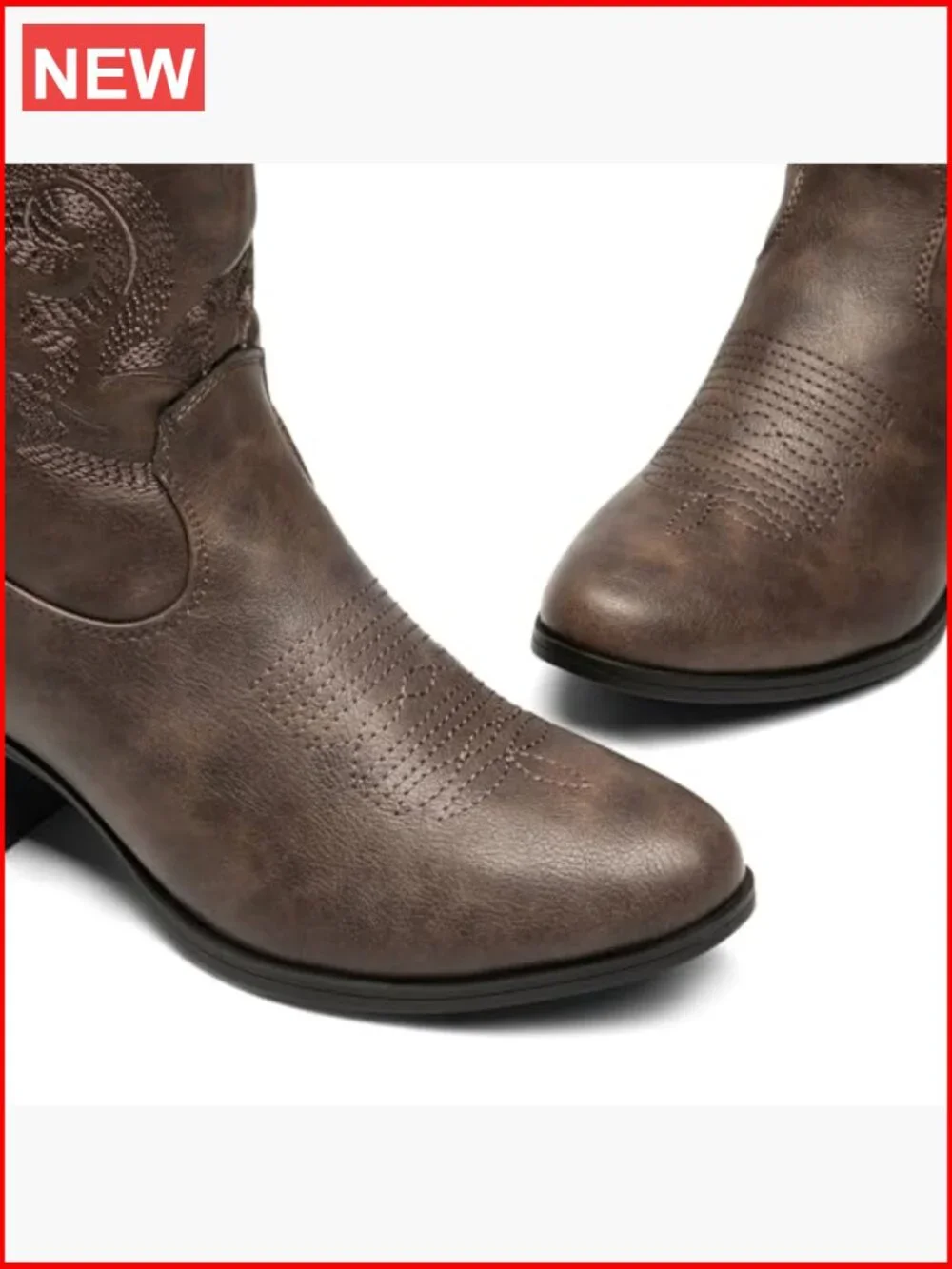Faux Leather Embroidered Western Ankle Booties Low Chunky Heel - Picture 5 of 7